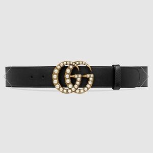Gucci Leather belt with pearl Double G